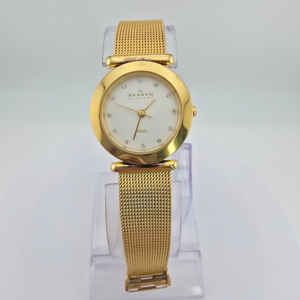 SKAGEN Slim Ladies Watch Adjustable Band Crystal Stainless Steel Gold Tone 8.25"